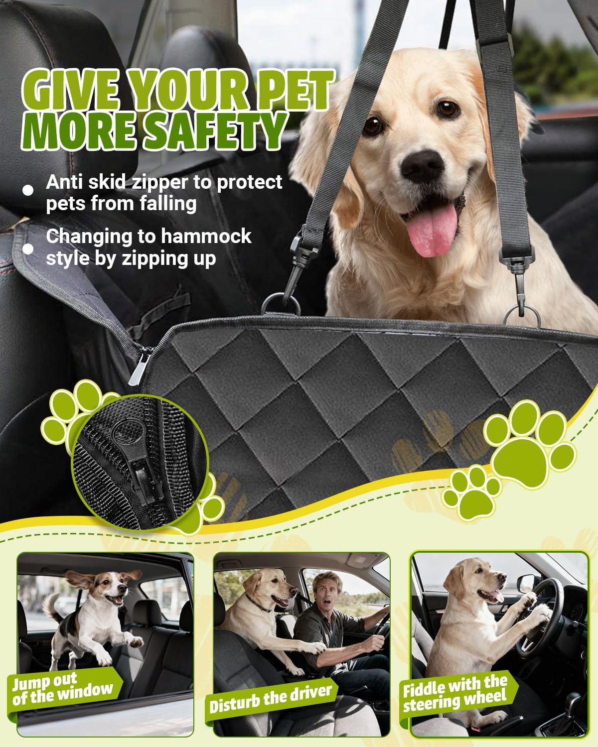 Dog Car Seat Cover, 600D Heavy Dute Car Seat Cover for Dogs Pets, 100% Waterproof Anti-Scratch Nonslip Dog Hammock for Cars, Seat Covers Protector with Seatbelt for Sedan SUV Truck Standard Black