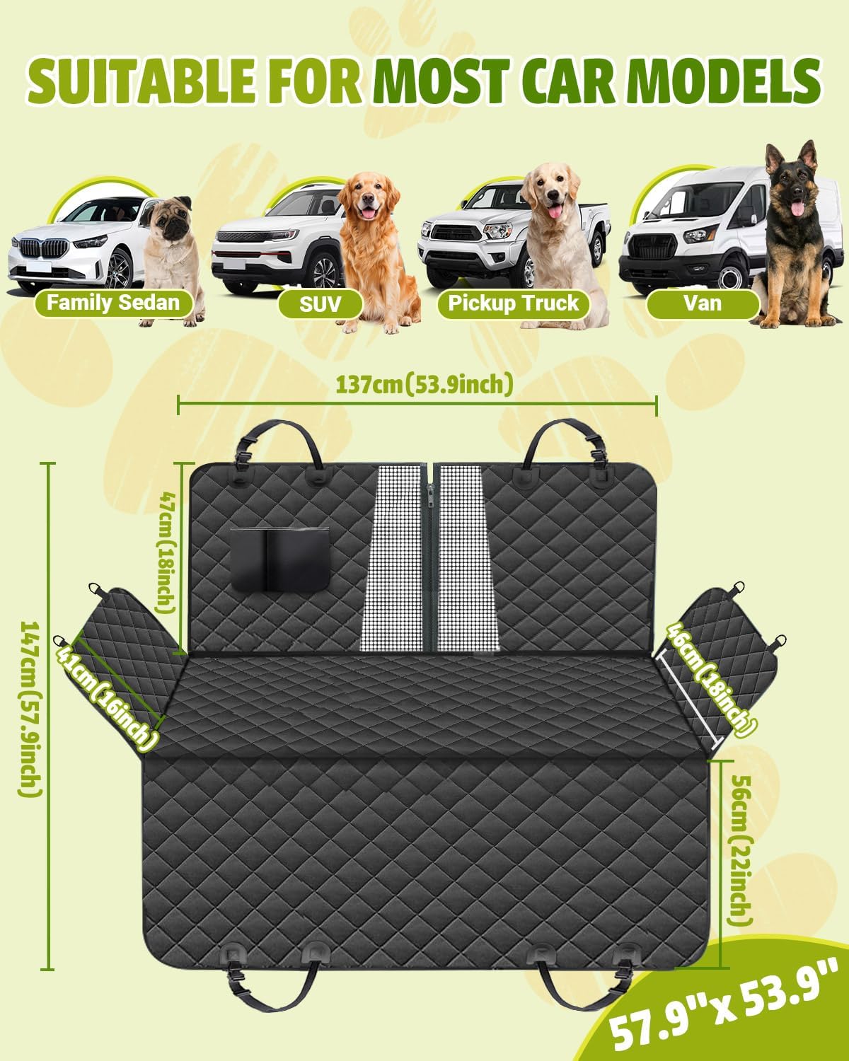 Dog Car Seat Cover, 600D Heavy Dute Car Seat Cover for Dogs Pets, 100% Waterproof Anti-Scratch Nonslip Dog Hammock for Cars, Seat Covers Protector with Seatbelt for Sedan SUV Truck Standard Black